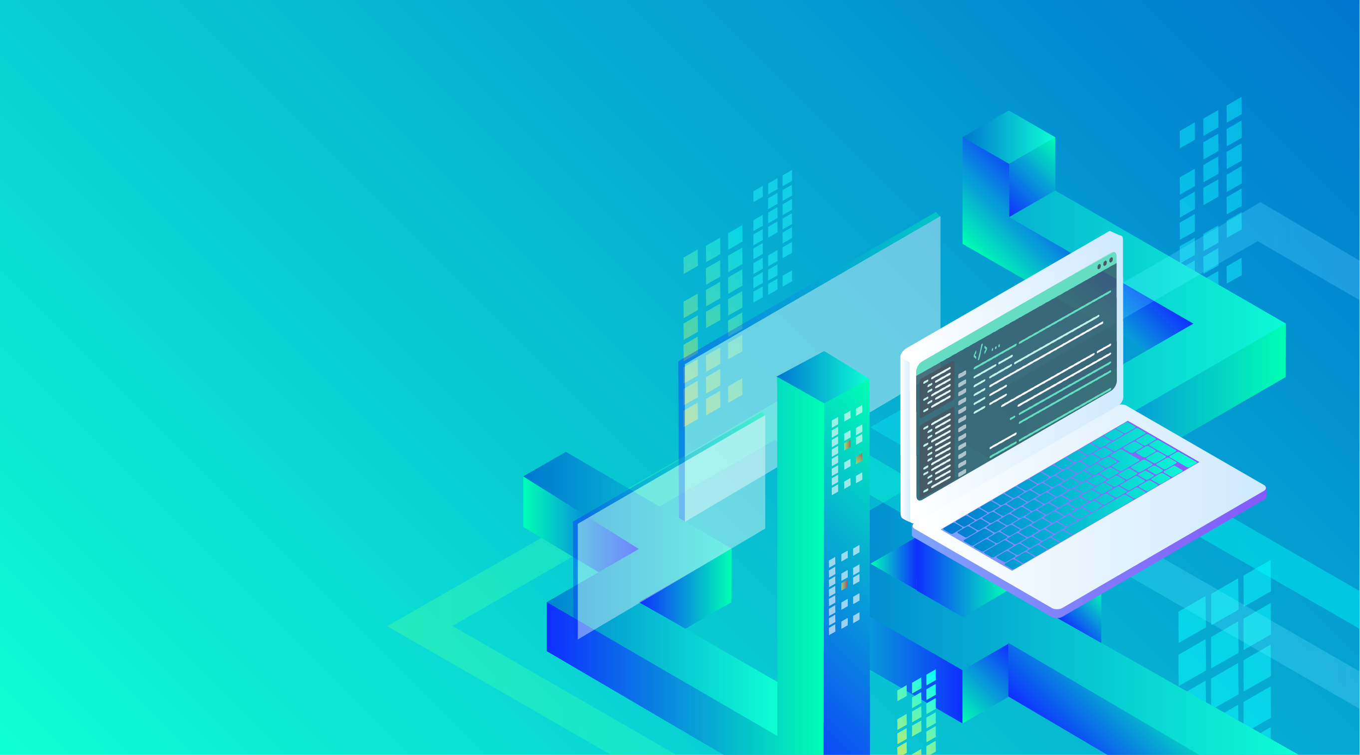 Isometric illustration of a laptop with code and geometric city blocks, representing web and software development