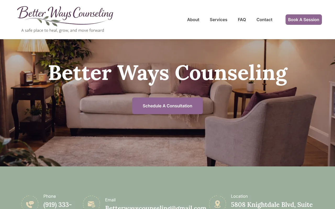 Better Ways Counseling home page with a calm office photo