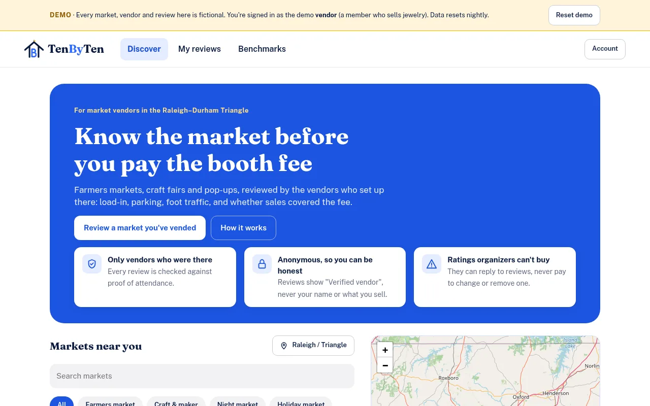 TenByTen home page with a market search and map